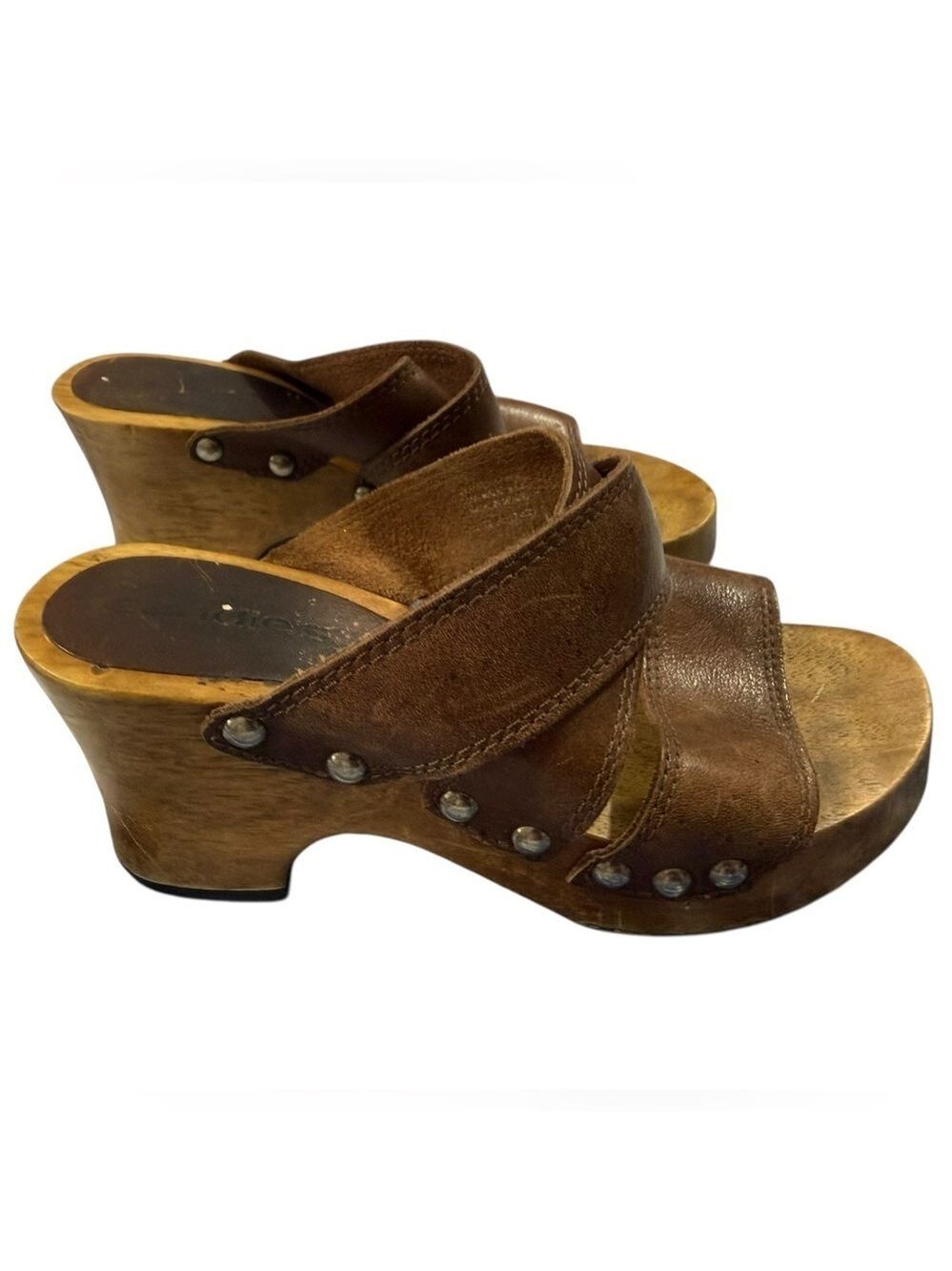 Candie’s Studded Leather Wood Clogs Brown Open Toe Slip On Heels Size 5